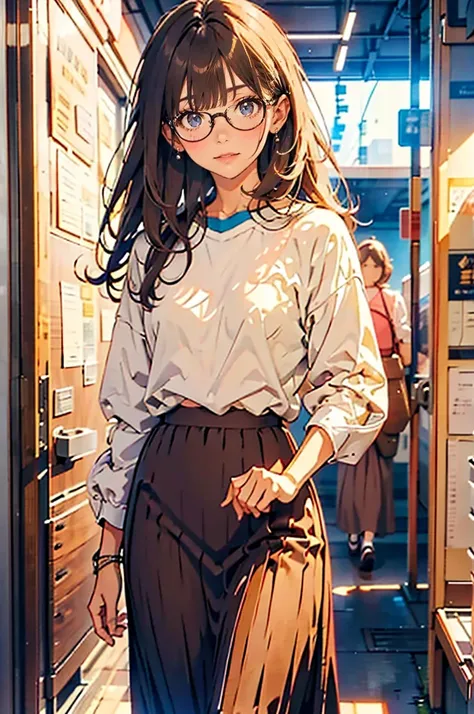 （（40 years old））woman、 、Plain background 、 brown hair、Glasses、  Long Skirt  、40 years old顔のズームアップ、 nasolabial fold 、Small eyes：１．２、((run:1.2))
