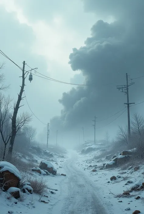 Give me a very detailed and realistic image of a strange snowstorm that everything is chaos and destruction and without people