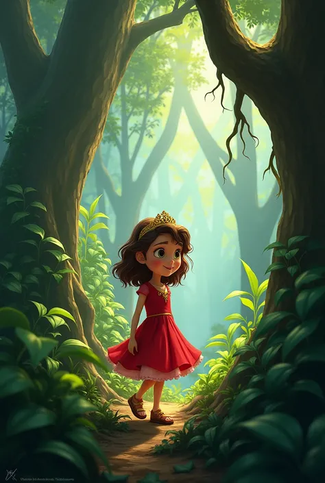 Sofia,  a girl in a red dress in a jungle with huge trees and lots of unknown sounds. Where you can see with her heart beating fast ,  mixed with emotion and a little fear .