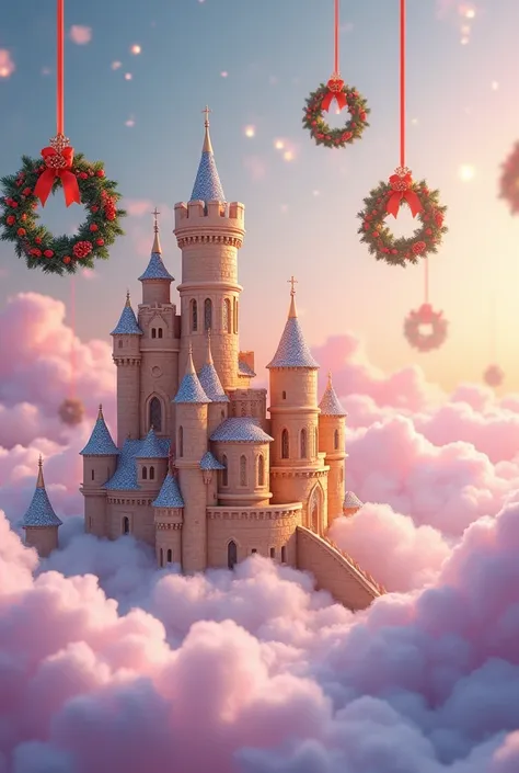 English Prompt:
“A dreamy, whimsical Christmas fantasy scene featuring a majestic castle with golden honey-colored stone walls, adorned with intricate stonework and shimmering ornate windows. The castle is surrounded by soft, pastel-colored clouds in shade...