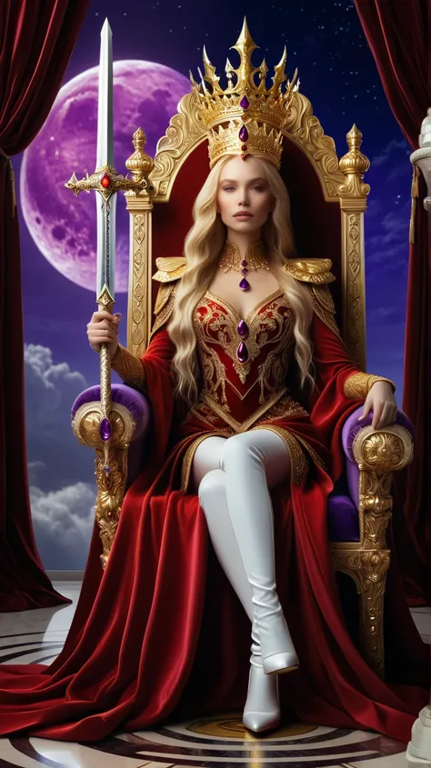 A digital fantasy artwork depicting a regal woman seated on a luxurious throne. The style is highly detailed and vibrant, with a focus on rich textures and colors. The woman has fair skin and long, flowing blonde hair cascading over her shoulders. She wear...