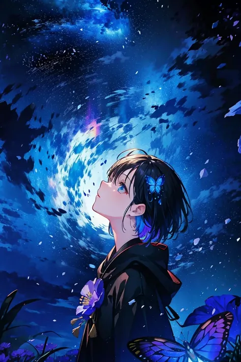  1 girl ， and I look up at the stars， full moon， starry sky ，Rainbow，Milky Way， shooting stars，colorful flowers，Glowing Butterfly，4K，Manga style