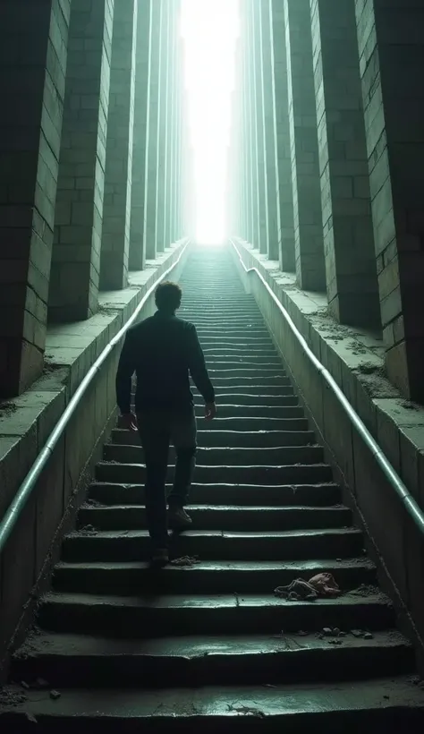 A person climbing a long staircase in a subway station or building, with a bright light at the top, representing overcoming.