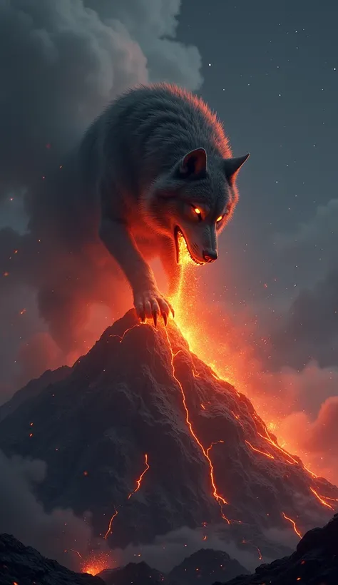 "first, create an image of a [Giant Wolf] on top of a volcano eating lava .  Make sure the background is night ,  matching your intense expressions.