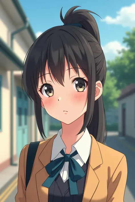  Ponytail Hair, female,  anime , , 2D 20s innocent style female character with school background, frontal, Expressionless,