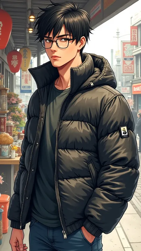  Japanese man、20 years old、Aggressive type、naughty 、standing collar 、 short hair under the eaves of the store、 short, trimmed hair 、short quiff hairstyle、standing collar のダウンジャケット、tightなダウンジャケット、tight、 athletes、 shiny down jacket、Full body illustration、 ma...