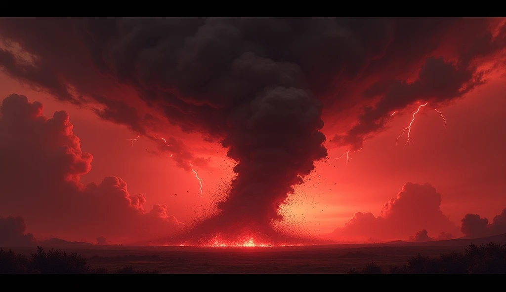 A powerful tornado rises on the horizon, tearing the sky with its fury. It is enveloped in deep shades of red and black, as if the sky itself is on fire. The winds roar with frightening intensity, carrying particles of fire and shadow. In the background, d...