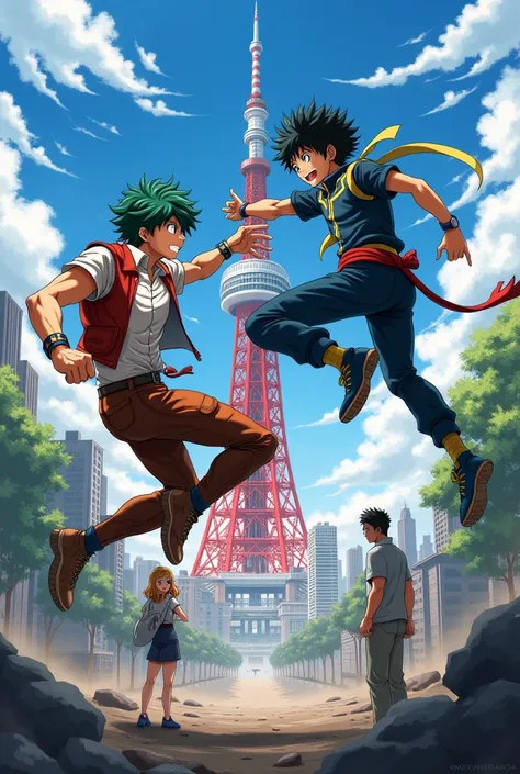  Ocarun the protagonist of the anime Dandadan fighting cuts Izuku Midoriya in the air, The protagonist of the anime Boku no Hero Academia in the UA and a pretty anime girl and a fat guy near the Tokyo Tower 