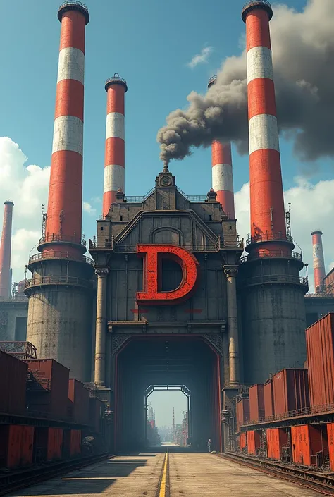 Build a factory with red-striped chimneys with a gigantic gate made of Iron and make in the middle of this gate the letter D made of Iron make the gates closed