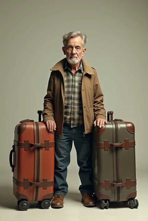 Tiny man standing behind medium bag and large bag