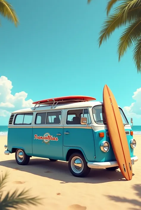 Logo The name transattias write on a blue kombi car at the beach with surfboard 