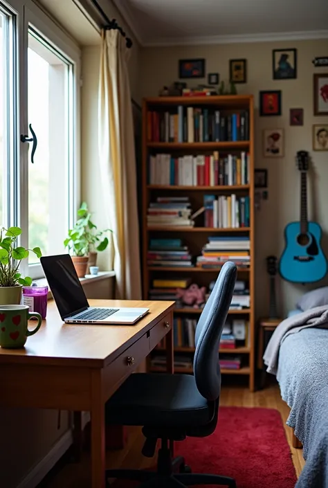 When you enter the room, you can see a brown desk on the left side, with a grey laptop, a plant next to it, a purple candle, and a green mug with red hearts, which has coffee. The smell of this gives you a feeling of peace.  on the table, there is a shelf ...