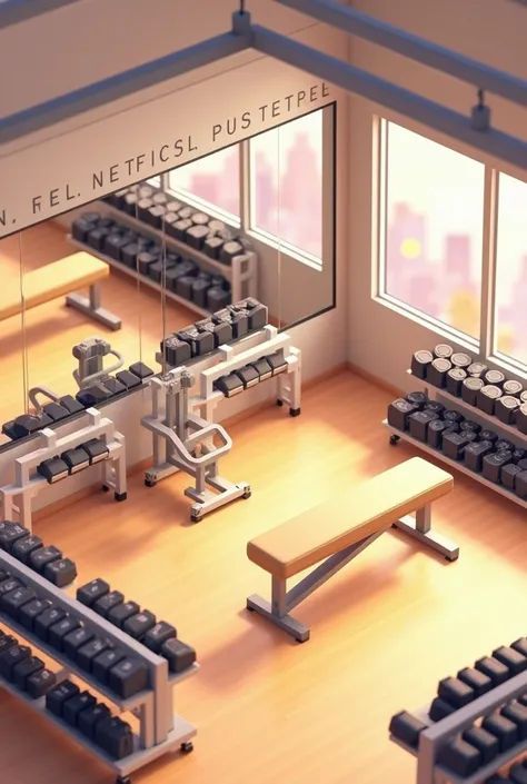 "A vibrant gym rendered in a detailed isometric perspective, combining the graphical simplicity of Project Zomboid with the polished, bright aesthetic of The Sims. The isometric view provides a clear, angled layout of the space, showcasing every element in...