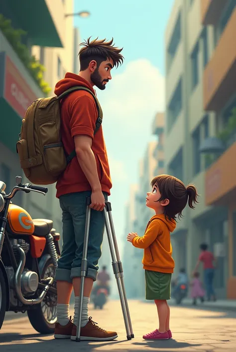 A young dad seeing his daughter from afar ,  next to his motorcycle and delivery backpack ,  with a bandage on his left leg and with crutches