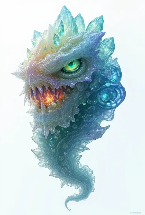 Impure Abalone Elemental, Creature Concept Art, Floating Gemstone Golem, Living Gemstone Creature, White Background, Intricate Design