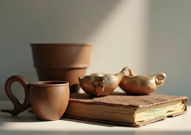  12 A table with items representing spiritual preparation: a bible, a prayer notebook and a cup .
