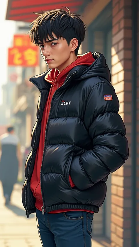  Japanese man、20 years old、Aggressive type、naughty 、standing collar 、 short hair under the eaves of the store、 short, trimmed hair 、short quiff hairstyle、standing collar のダウンジャケット、tightなダウンジャケット、tight、 athletes、 shiny down jacket、Full body illustration、 ma...