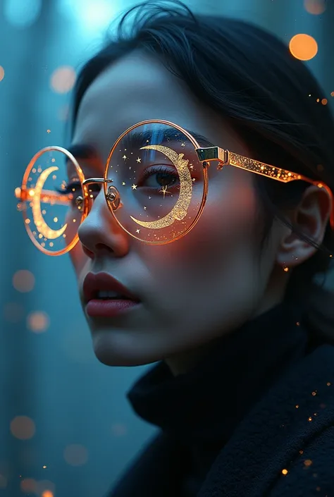 The model is wearing glass sunglasses., There are stars and moon drawn on the glass