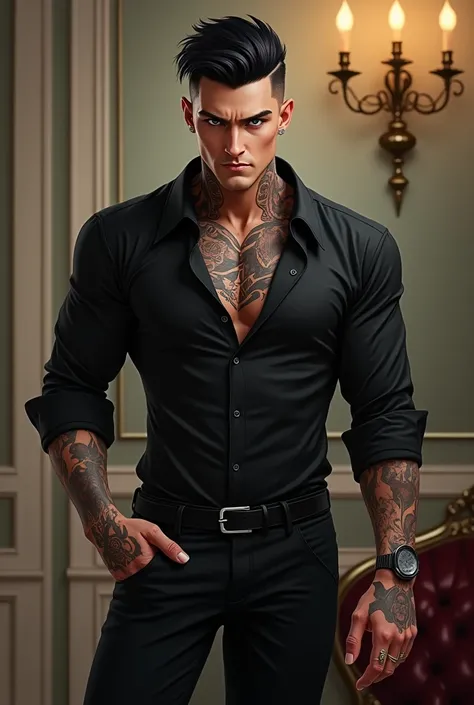 man. Short black hair.  blue eyes . Tattoos. Blick haughtily. Tattoos. schwarzes Hemd. black pants.  black shoes . classy background