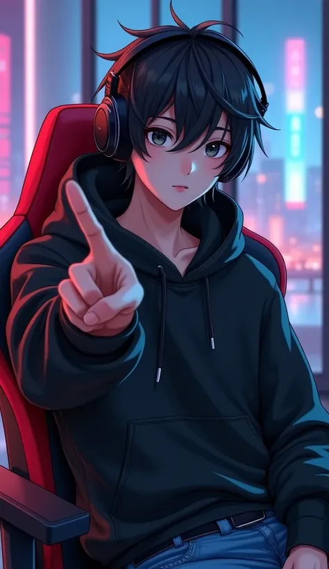 A young, 18-year-old male character with fair skin and messy black hair partially covering his black eyes. He sits casually pointing his finger at the camera in a red and black gaming chair, wearing a stylish black hoodie with no patterns or logos. He has ...