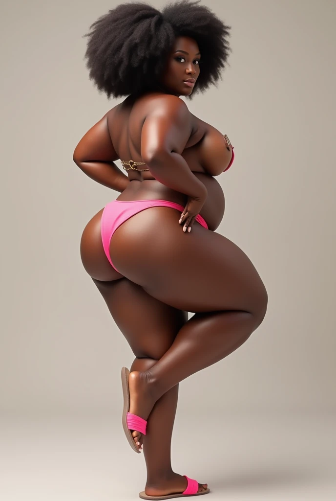 A short chubby black woman with big ass standing on her back wearing transparent slippers and pink thong 
