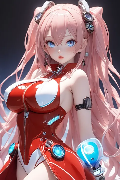  sexy girl,Futuristic clothing in Dimension Neptunia style ,big breasts, full lips, delicate skin big eyes,4k,Asia up 1 .5, exposed breasts,red jacket ,white bikini. shiny,,short,3D,anime art,pose sensual,[[ porcelain doll]],Futuristic holographic lenses,f...