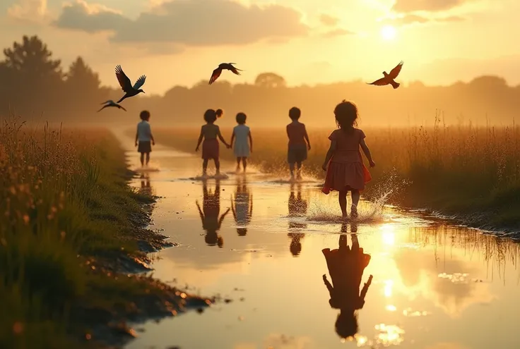 a field after the rain, ren playing in puddles, reflections and silhouettes of birds flying in the sky on the puddles, detailed rens faces, detailed clothing, splashing water, dappled sunlight, vibrant colors, (best quality,4k,8k,highres,masterpiece:1.2),u...