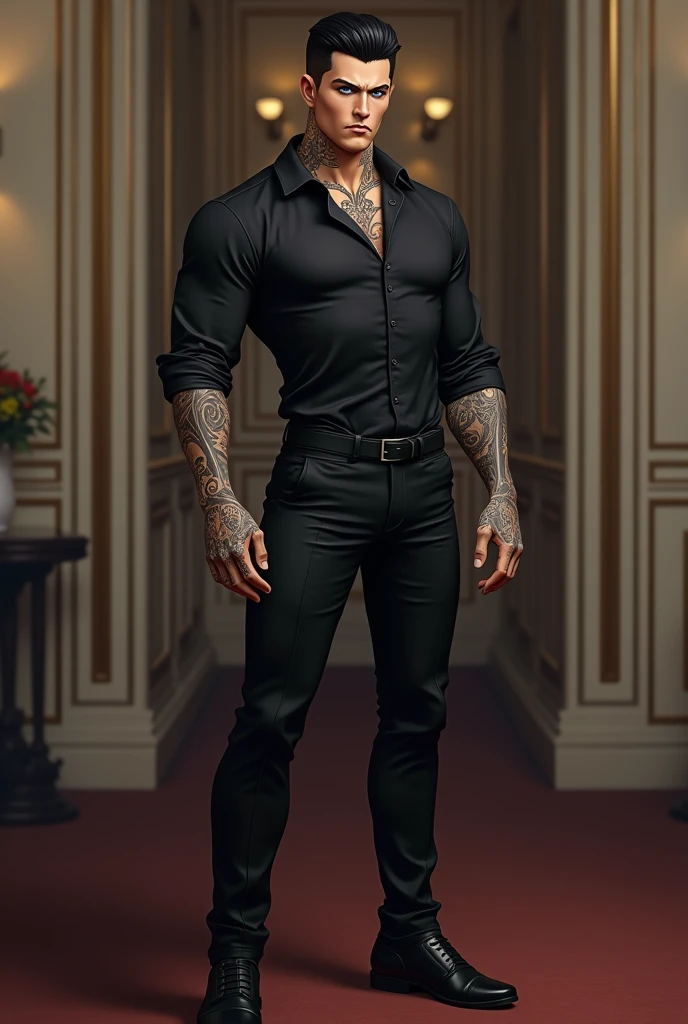 man. Short black hair.  blue eyes . Tattoos. Blick haughtily. Tattoos. schwarzes Hemd. black pants.  black shoes . classy background