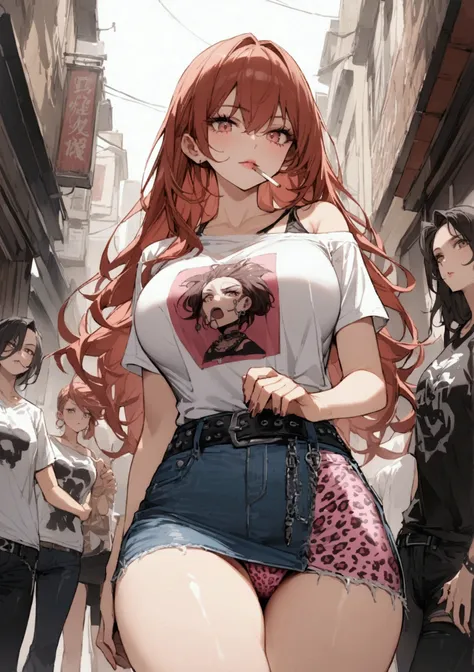 Ultra-high definition、 beautiful girl、Yankee Girl、Auburn Hair、Messy medium-long hair、 gal、 crowded streets 、 OFF SHOULDER T-SHIRT、 denim skirt、pink leopard print panties、  best quality ,  big butt、Thighs、Big Breasts、 High Cut Boots、Glare、 place your hands ...