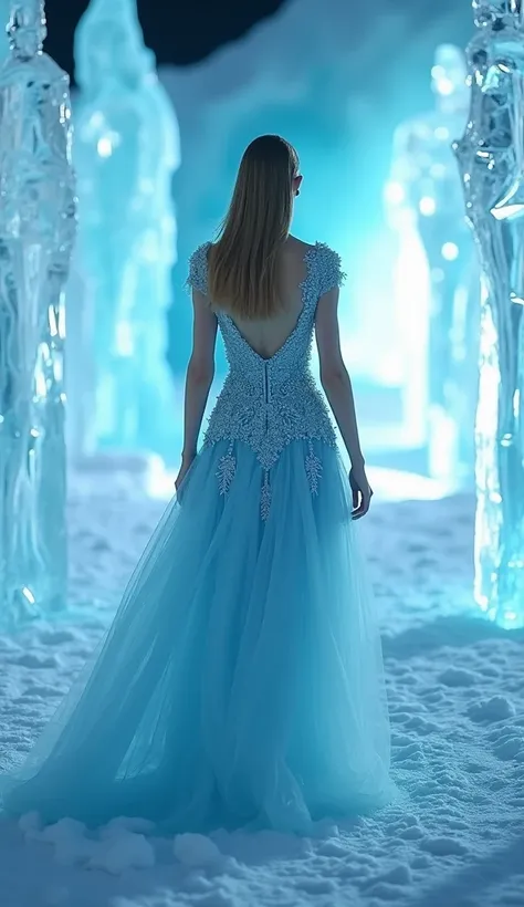  A Norwegian model parading on a runway that evokes the Arctic landscape ,  with soft lights that imitate Northern Lights .  She wears a long ice-blue dress with embroidered details that resemble falling snow. Your posture is graceful,  walking with firm a...