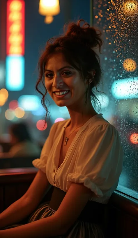 Professional photography, a beautiful girl in a night city, wearing a dress, smiling, high messy bun hair style, beauty wearing vintage blouse and vintage skirt, she has messy wavy hair, she is looking down, sitting lean back in corner of restaurant, windo...