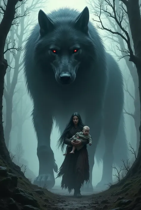 Large black Direwolf ghost with deep dark red eyes protectively guarding a woman holding her baby while lost in the woods, guiding them to safety. 