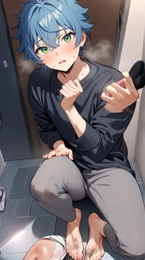  shows off his bare feet to show，barefoot，Blue Hair，Short hair，Green Eyes， blue t-shirt， black jacket，Grey trousers，A confused expression，A cute boy with a nike sport shoe in his hand，Sweating soles of feet，Dirty feet，Steam around feet， Cute Shota , Point ...