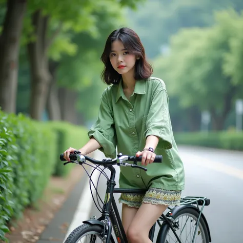 Green sitting on a bike woman parked on the side of the road、Bike、Sexy-s 100、Bike、Shot with Canon EOS 5D Mark IV、Shot with Nikon D750、Photographed with Nikon D750、Sitting on a Bike、green、Arimura Kasumi Style 3/4