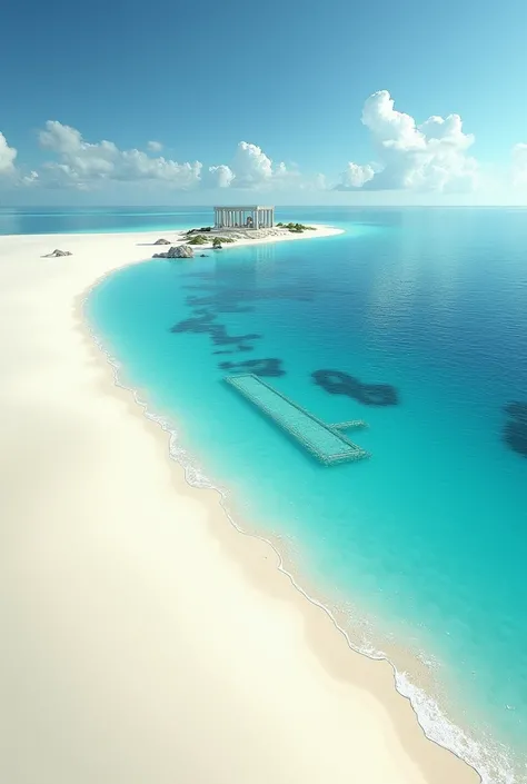 Create a flat deserted beach with white sand and crystal clear sea . In the middle of the ocean there are small islands where archaeological remains lie 