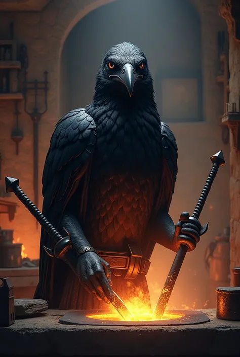 Blacksmith raven dressed in Roman clothing forging swords and spears