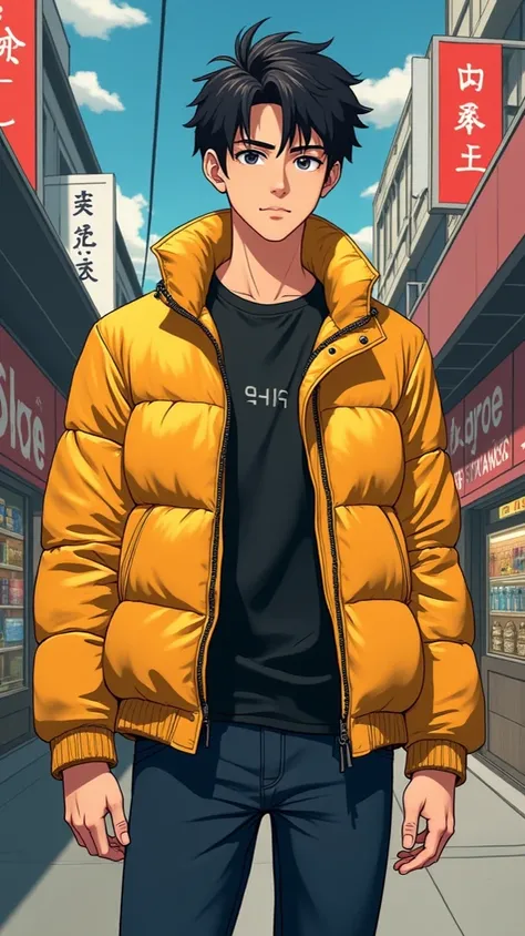  Japanese man、20 years old、Aggressive type、naughty 、standing collar 、 short hair under the eaves of the store、 short, trimmed hair 、short quiff hairstyle、standing collar のダウンジャケット、tightなダウンジャケット、tight、 athletes、 shiny down jacket、Full body illustration、 ma...