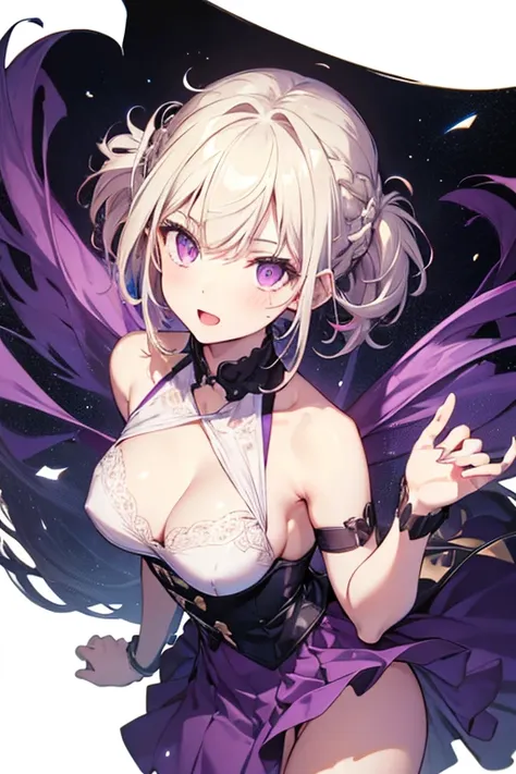 (from above:1.2),a girl , purple color hair、Purplish pink eyes that dreamers desire, (Blonde hair) , small stature, Colossal tits, Lori, (masutepiece:1.2, Best Quality), (finely detailed beautiful eye: 1.2), (beautifull detailed face), (perky chest:1.1), (...