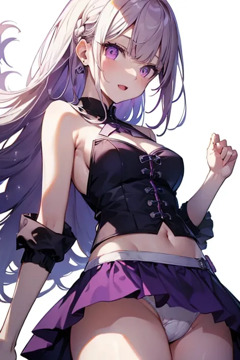 (from below:1.2),a girl , purple color hair、Purplish pink eyes that dreamers desire, (Blonde hair) , small stature, Colossal tits, Lori, (masutepiece:1.2, Best Quality), (finely detailed beautiful eye: 1.2), (beautifull detailed face), (perky chest:1.1), (...