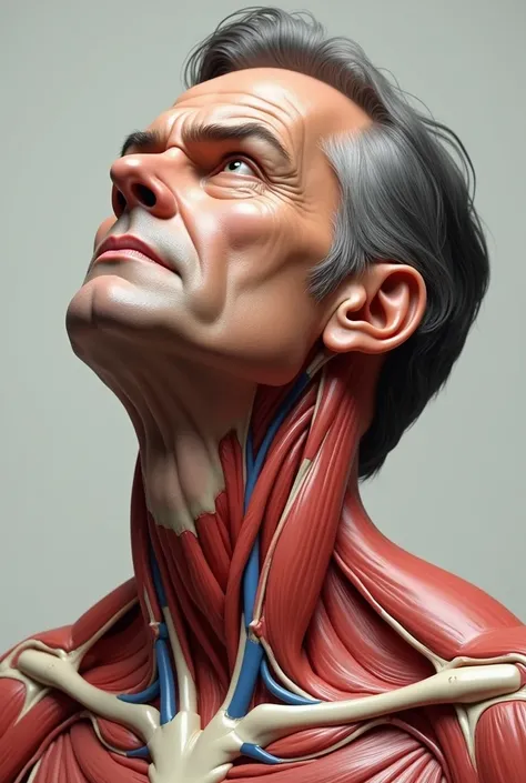  image of a man with a raised chin showing his neck, showing the anatomy of the trachea and the like ,  REALISTIC IMAGE.