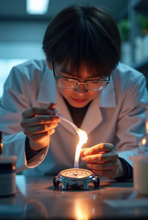 A student holding 6cm of magnesium tape with the clamp and heating it in the flame of the laboratory lighter until it burns to let the product fall on a laboratory watch moon