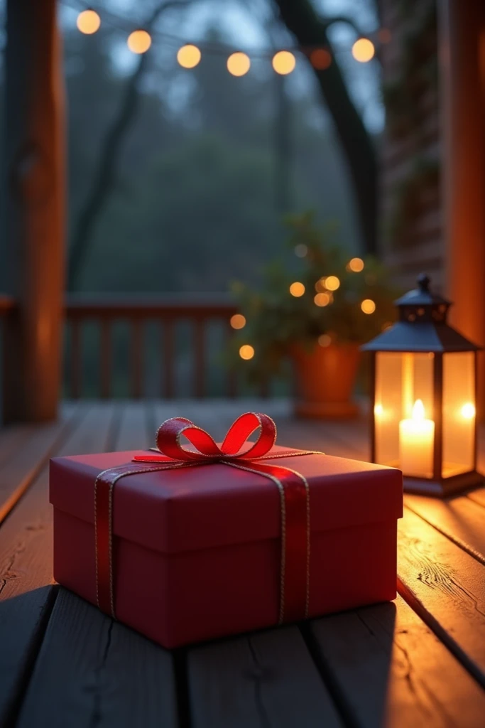  A box wrapped in red paper rests on the.porch illuminated by the lantern 