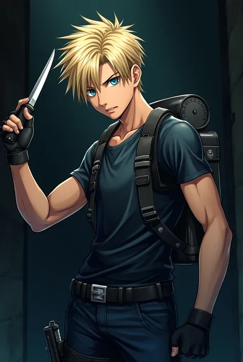 Leon kennedy from resident evil ps2 2005 anime style holding a knife 