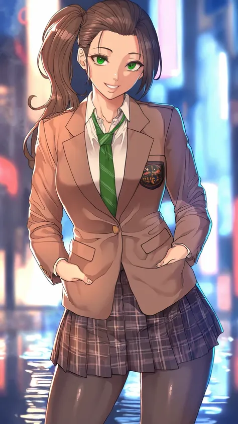 masterpiece, best quality, very aesthetic, semi-realistic anime, Sharp Focus, high contrast, 1girl, detailed green eyes, half opened mouth, smile, dark brown silky hair, hair pulled back, side ponytail, contrapposto, Captivating thighs, uniform, brown blaz...