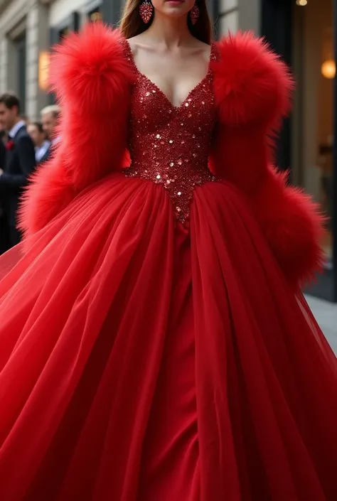 Scarlet fluffy dress with long sleeves and sequins