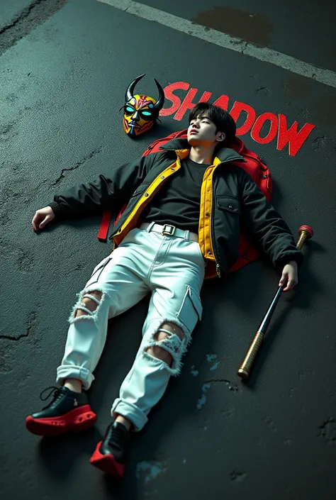 Showing a handsome Korean guy, wearing an oversized black, yellow and red fashion jacket, slightly torn white cargo pants, black and red shoes, a red backpack, lying limply on the asphalt and puddles, a colorful baseball bat and a horned hacker mask with g...