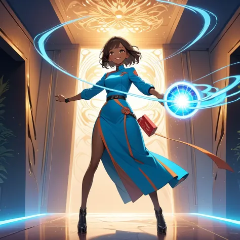 A vibrant and futuristic scene inspired by Japanese animation. A delivery girl with short, dark brown hair and beautiful brown skin, dressed in a clean, sleek uniform, is stepping through a glowing warp portal. She is smiling warmly, holding a package. The...