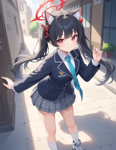 best quality,masterpiece, best quality, serika, blue archive, 1girl, solo, black hair,cat ears, red eyes, long hair, hair ribbon, bang, dark blue blazer, white collared shirt, cyan tie, gray plaid skirt, opened jacket, white socks, wearing sneakers,hair ri...