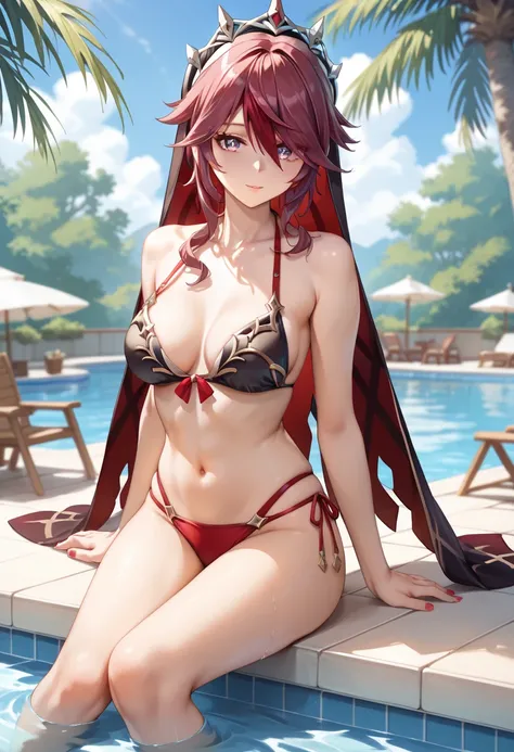 sfw, anime style, extremely detailed CG, high resolution, best quality, masterpiece, single woman, rosaria (genshin impact), pale magenta eyes, (beautiful detailed eyes: 1.4), red hair, medium breasts, two-piece bikini, pool