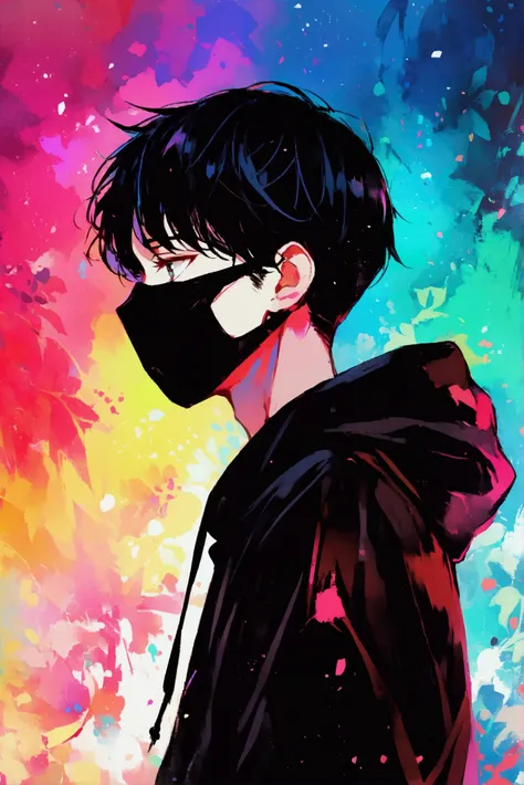 1 boy, with black hood, black mask,  black hair